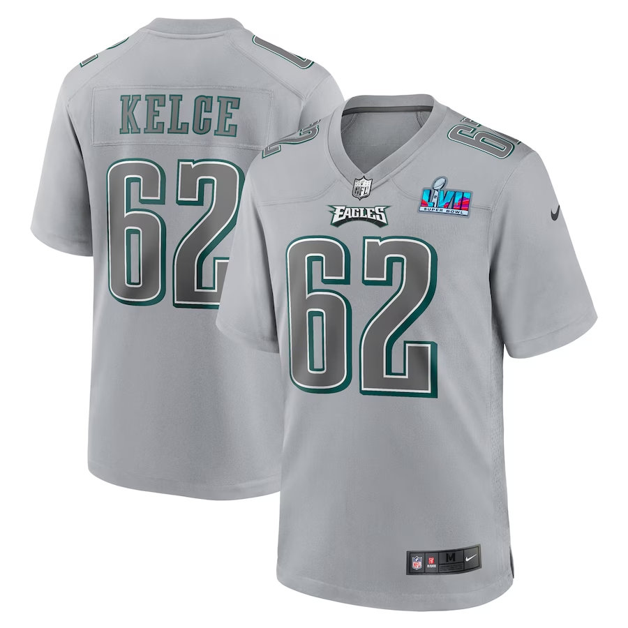 Men's Philadelphia Eagles Jason Kelce #62 Gray Super Bowl LVII Patch Atmosphere Jersey